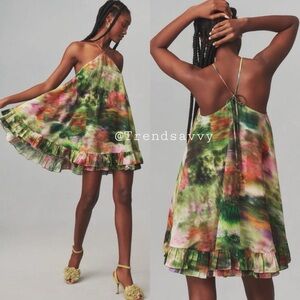 ANTHROPOLOGIE HOPE FOR FLOWERS FRILLED FLYAWAY HALTER MINI DRESS GREEN S NWT